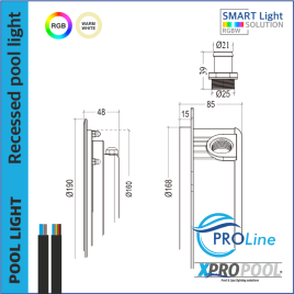 PROLINE | PRO 200mm inox 316L Lampe encastrée pour piscine | Blanc chaud - RGB | (pour piscine liner)