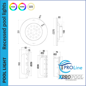 PROLINE | 270 MM | RVS 316L Inbouwzwembadlamp | Warm wit - RGB - RGB+W