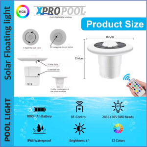Solar floating Rgb pool light with thermostat and remote control