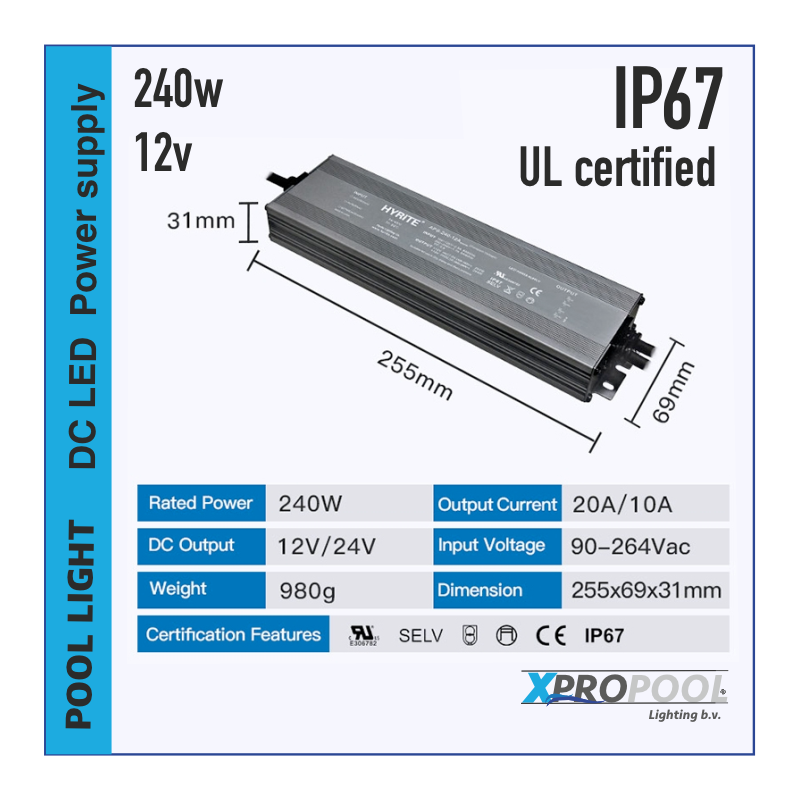 240W 12V UL-gecertificeerde waterdichte voeding