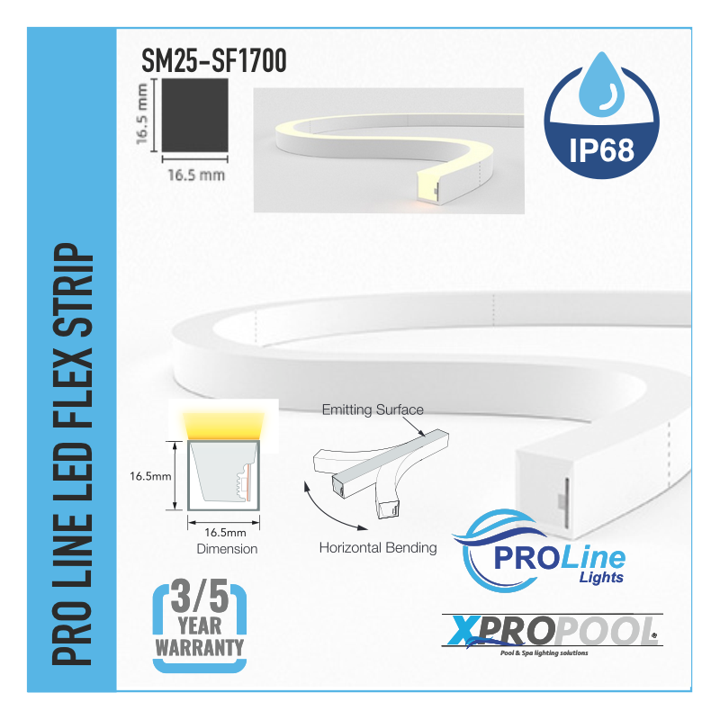 PROLINE | NEON FLEX LED STRIP silicona IP68 para piscina 16.5X16.5 MM | Flexión horizontal | A medida