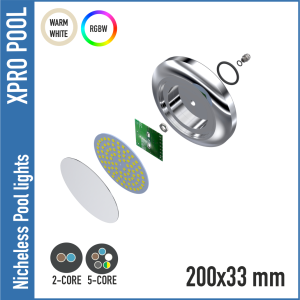 Luz de piscina de acero inoxidable de 1,5 pulgadas - RGB+W, 18W, acero inoxidable de alta calidad 316