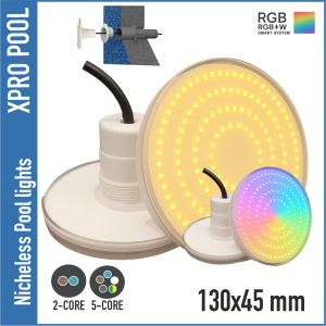 Luz de piscina sin nicho 130X45 mm | BLANCO CÁLIDO / RGB+W 15W | 1,5 pulgadas