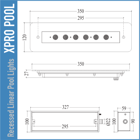 Éclairage de piscine linéaire encastré 120 × 350 mm – PRO LINE – 6 W / 12 W – Couleur unique, RGB & RGBW