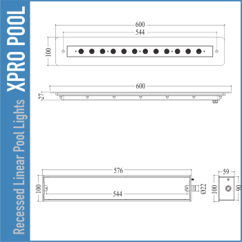 Luz lineal empotrada para piscina 100 × 600 mm – PRO LINE – 12 W / 18 W – Color único y RGB
