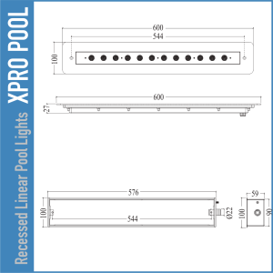 Éclairage de piscine linéaire encastré 100 × 600 mm – PRO LINE – 12 W / 18 W – Couleur unique & RGB
