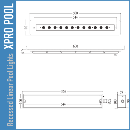 Lineare Einbau-Poolleuchte 100 × 600 mm – PRO LINE – 12 W / 18 W – Einzelfarbe & RGB