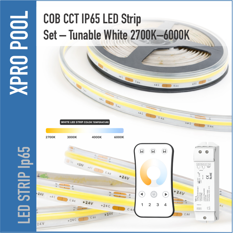 COB CCT LED Strip Set IP65 – 5 m Rol – Tunable White 2700K–6000K – Inclusief Controller