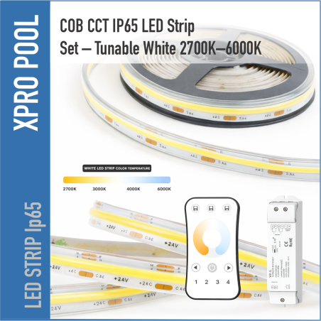 Set Tira LED COB CCT IP65 – Rollo 5 m – Blanco Regulable 2700K–6000K – Incluye Controlador