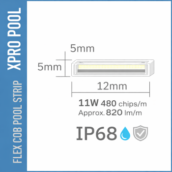 PRO LINE Bande LED COB FLEX IP68 pour Piscine – 12×5 mm – 24V – 11W/m – Sur mesure ou en rouleau
