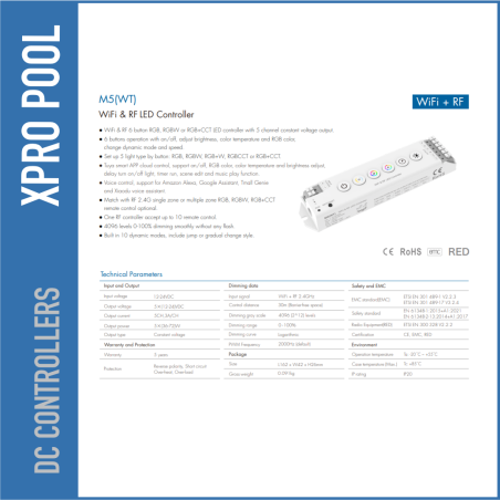 Contrôleur LED WiFi + RF 5 canaux 12–24V – Variateur RGB / RGBW / RGB+CCT (Tuya Smart)