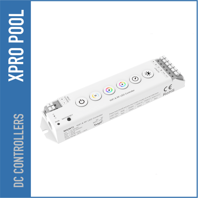 Controlador LED WiFi + RF de 5 canales 12–24V – Dimmer RGB / RGBW / RGB+CCT (Tuya Smart)