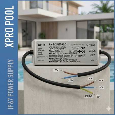 XPRO POOL Alimentation LED 200W 24V IP67 – Transformateur Étanche pour Rubans LED et Piscines