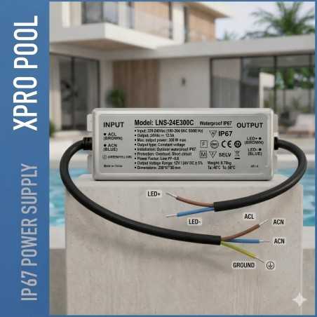 XPRO POOL Fuente de Alimentación LED 300W 24V IP67 – Transformador Impermeable para Tiras LED y Piscinas