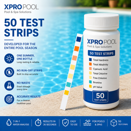 XPRO POOL Bandelettes de Test Piscine 7 en 1 – Analyseur d’Eau pour Piscine & Spa – 50 Bandelettes
