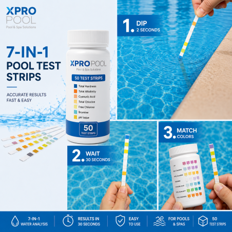 XPRO POOL Tiras Reactivas 7 en 1 – Analizador de Agua para Piscina y Spa – 50 Tiras