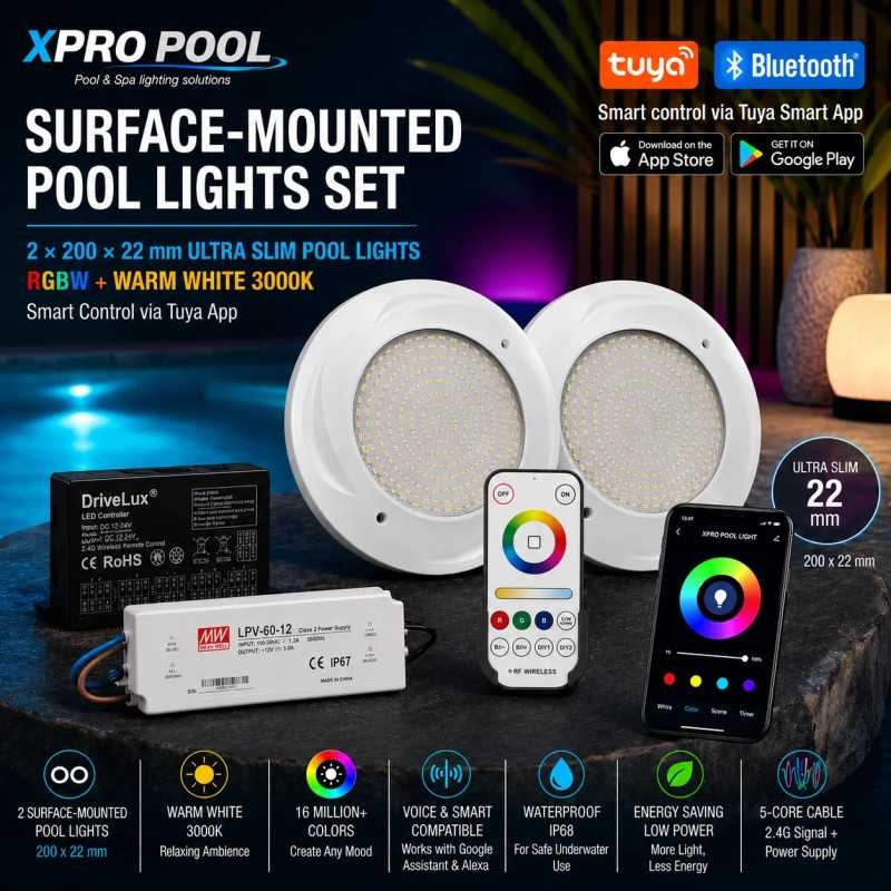 XPRO POOL Smart Set RGBW Zwembadverlichting | 2x Ultradunne Opbouwlamp 200x22 mm + WiFi Controller