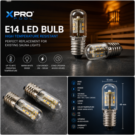 Bombilla LED E14 para Sauna 2W Blanco Cálido 3000K | Resistente al Calor