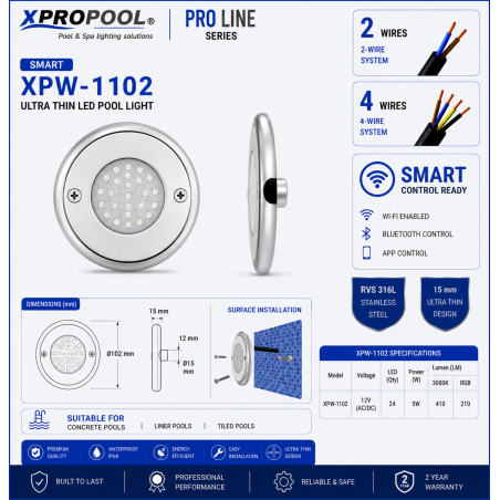 PRO LINE Ultra Thin LED Pool Light Ø102 mm 5W Edelstahl 316L | XPRO POOL